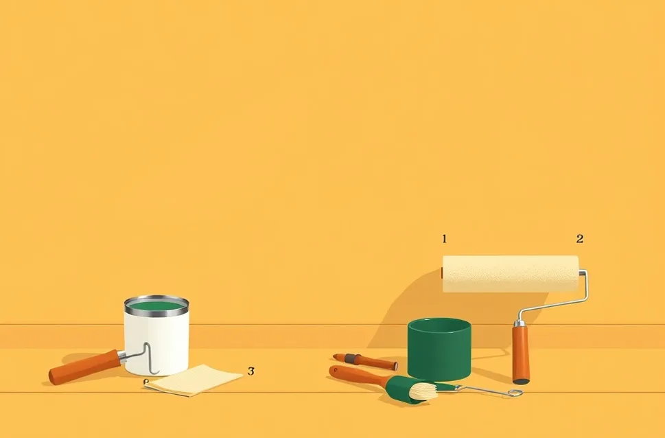 Outils de peinture disposés dans l'ordre des étapes du chantier
