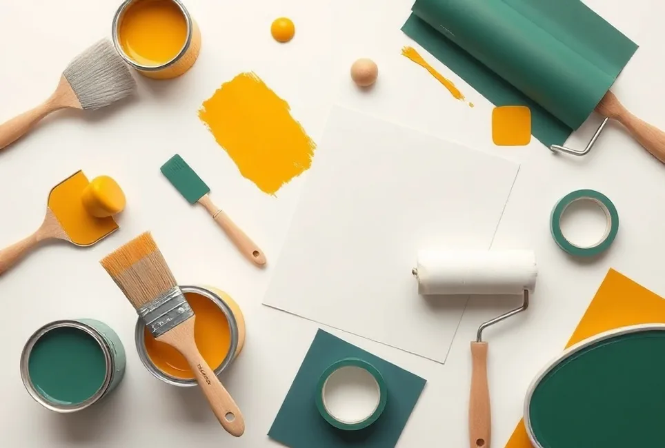 Pots de peinture, nuancier, brosses et rouleaux disposés à plat