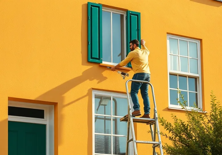Peintre sur échafaudage traitant la façade d'une maison