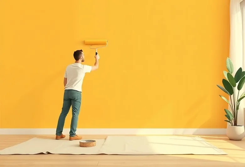 Peintre appliquant la peinture au rouleau sur un mur de salon